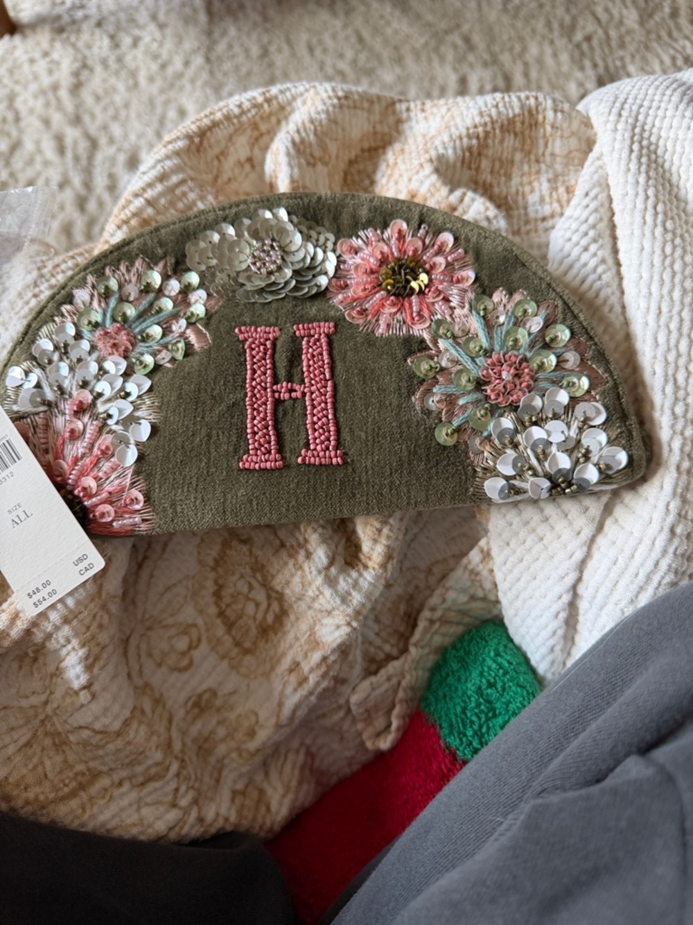 Anthropologie Olive Green Beaded Floral Clutch with Pink Monogram